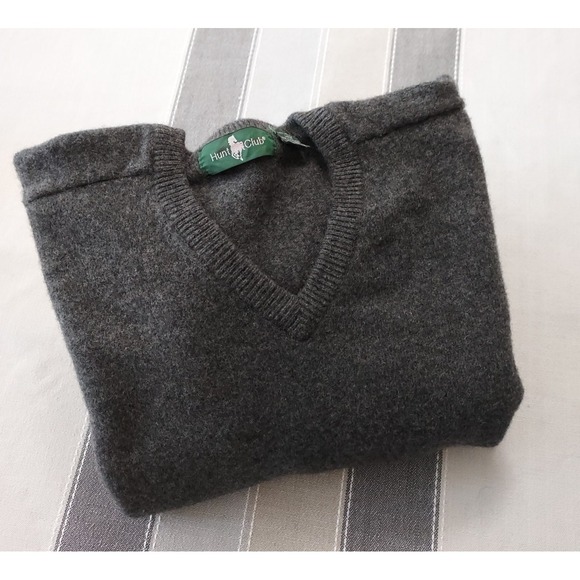 Vtg Hunt Club Men's 100% Lambswool V Neck Sweater Charcoal Gray Large - Picture 1 of 6